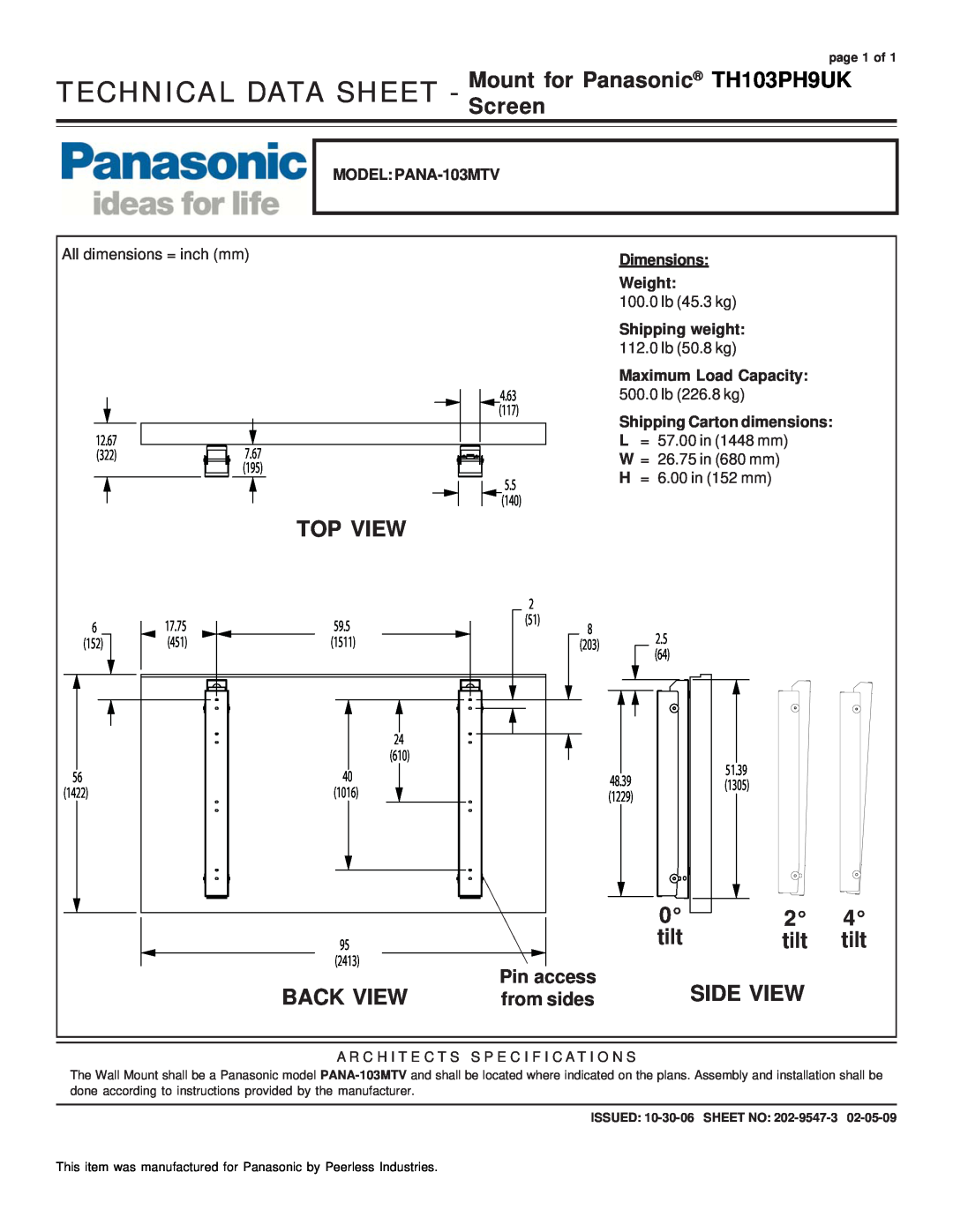 Panasonic dimensions TECHNICAL DATA SHEET - Mount for Panasonic TH103PH9UK Screen, Top View, tilt, Back View, 1422 