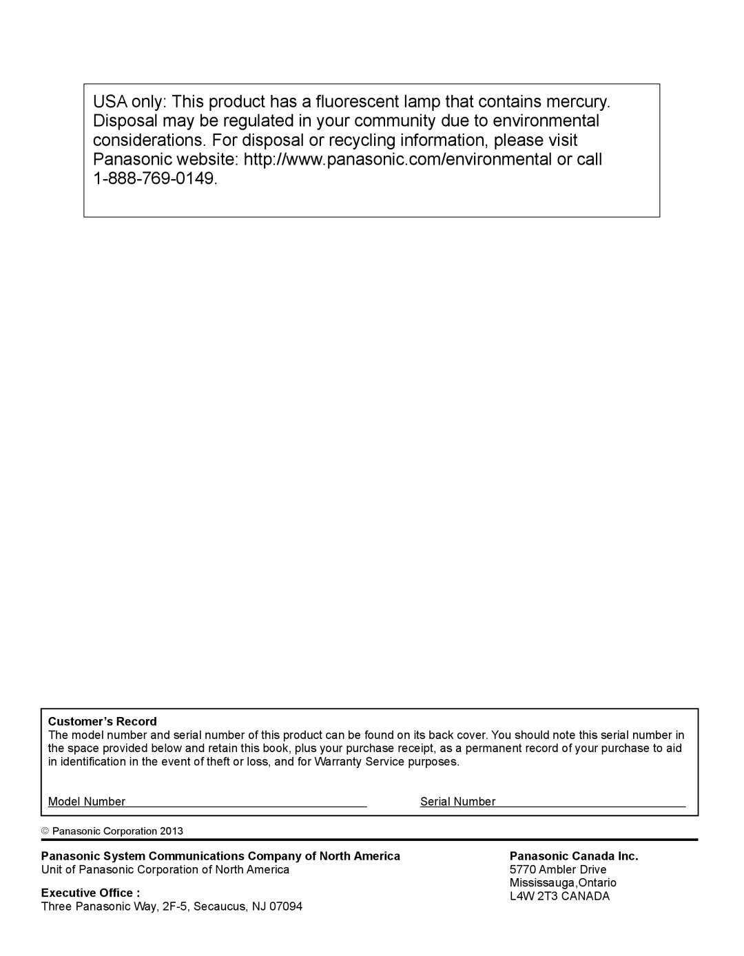 Panasonic TH50LRU60, TH32LRU60 warranty Customer’s Record, Panasonic Canada Inc, Executive Office 