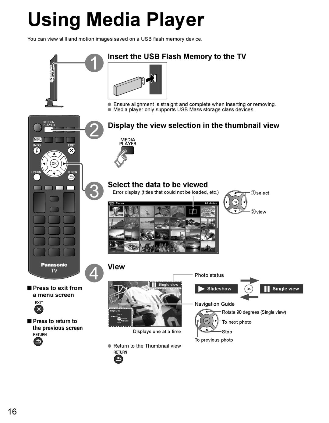 Panasonic TH50LRU60, TH32LRU60 warranty Using Media Player, Insert the USB Flash Memory to the TV, View 