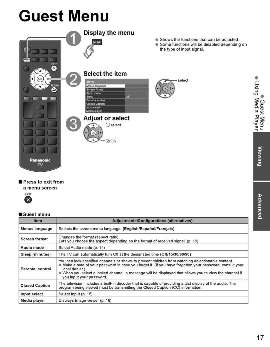 Panasonic TH32LRU60, TH50LRU60 warranty Guest Menu, Display the menu Select the item, Adjust or select 