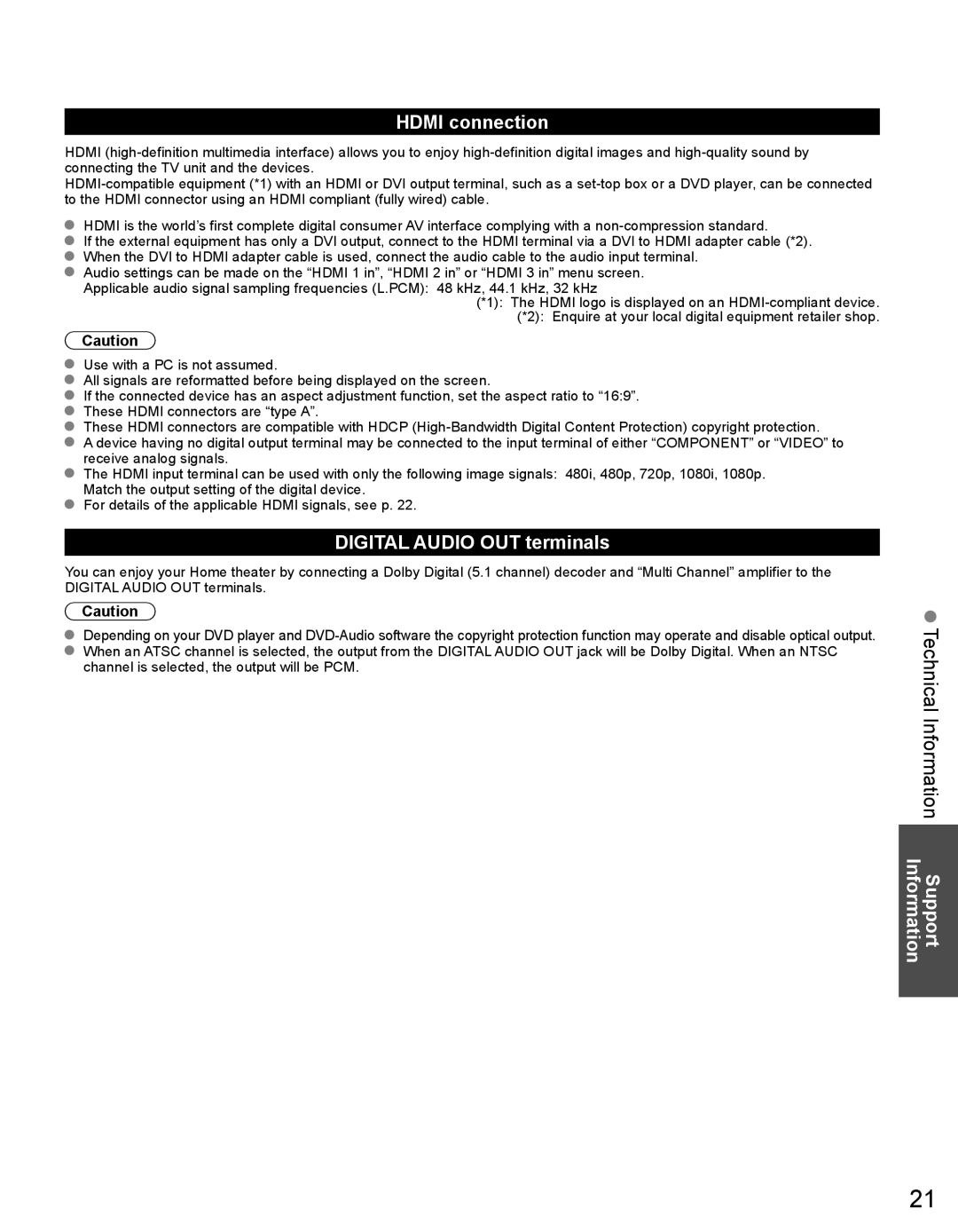 Panasonic TH32LRU60, TH50LRU60 warranty Hdmi connection, Digital Audio OUT terminals, Information 