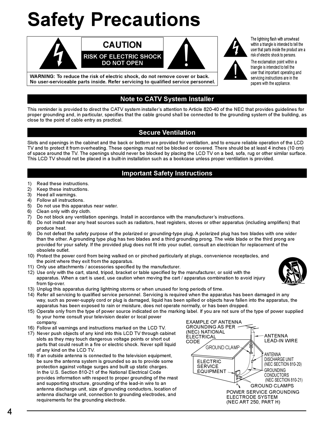 Panasonic TH50LRU60, TH32LRU60 warranty Safety Precautions, Secure Ventilation, Important Safety Instructions 