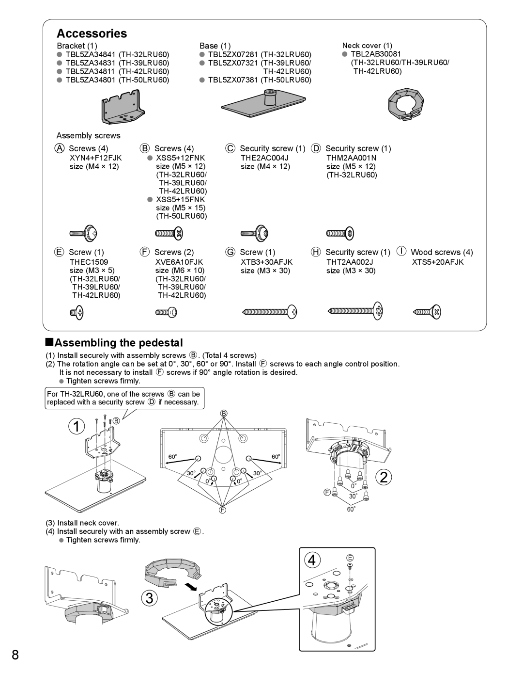 Panasonic TH50LRU60, TH32LRU60 warranty Assembling the pedestal 