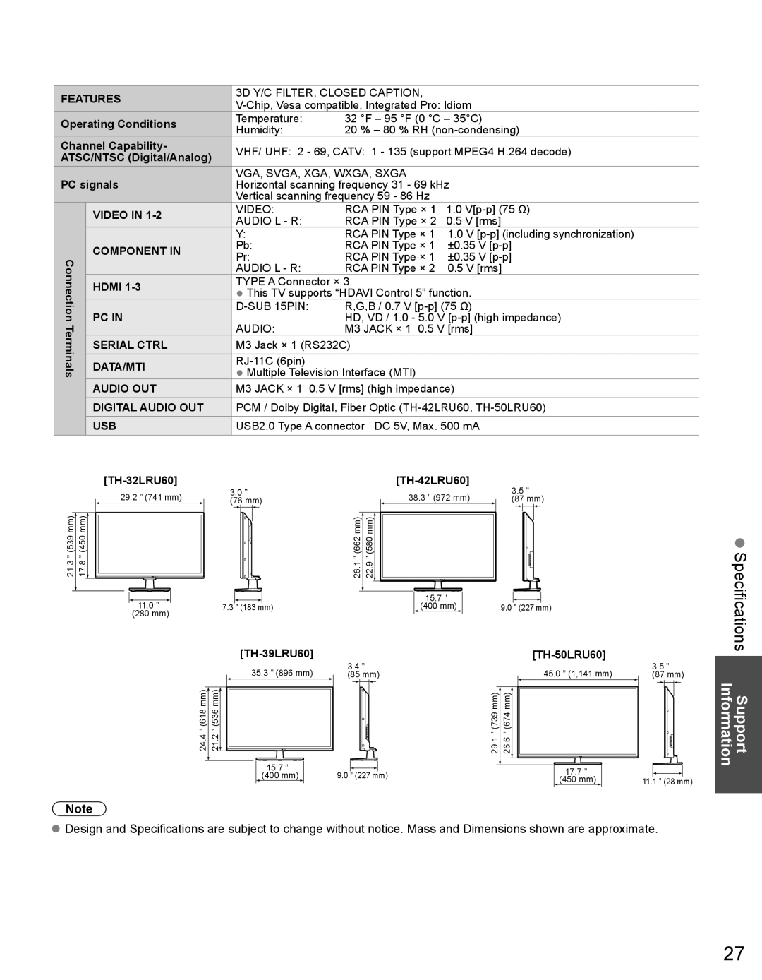 Panasonic TH32LRU60, TH50LRU60 warranty Specifications 