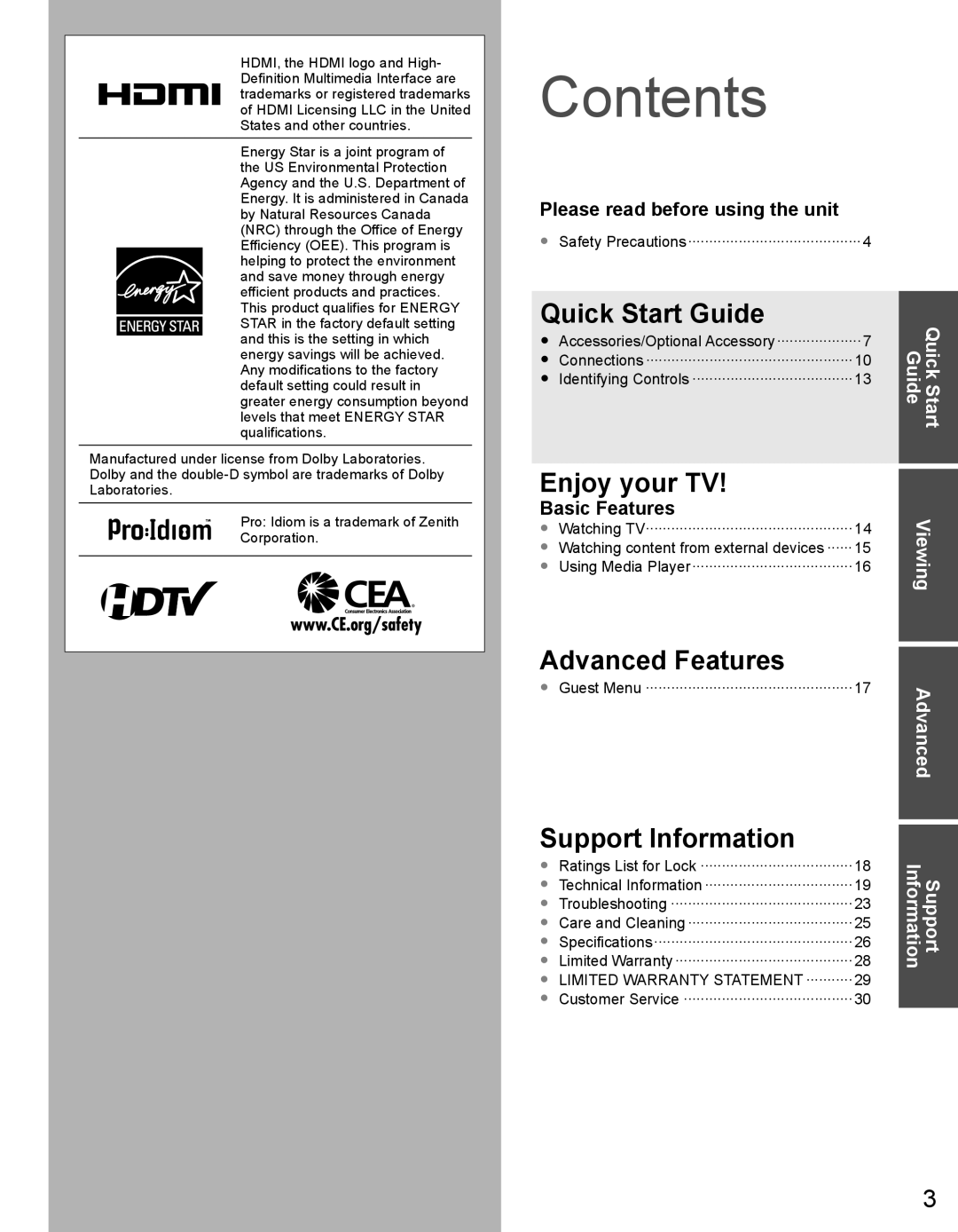Panasonic TH32LRU60 Quick Start Guide, Enjoy your TV, Advanced Features, Support Information, QuickStart Guide, Contents 