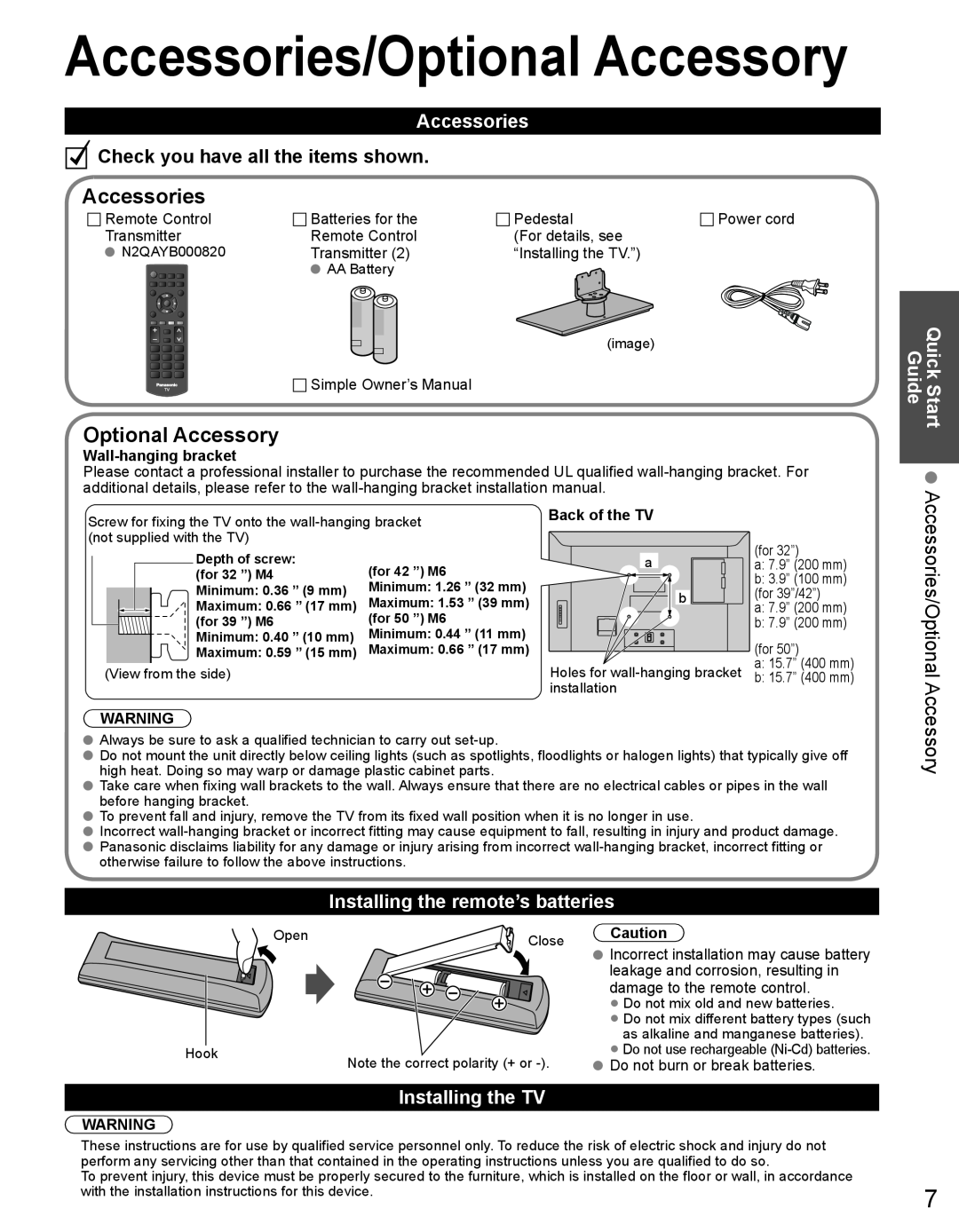 Panasonic TH32LRU60 Optional Accessory, Accessories/Optional, Check you have all the items shown, Quick Start Guide 