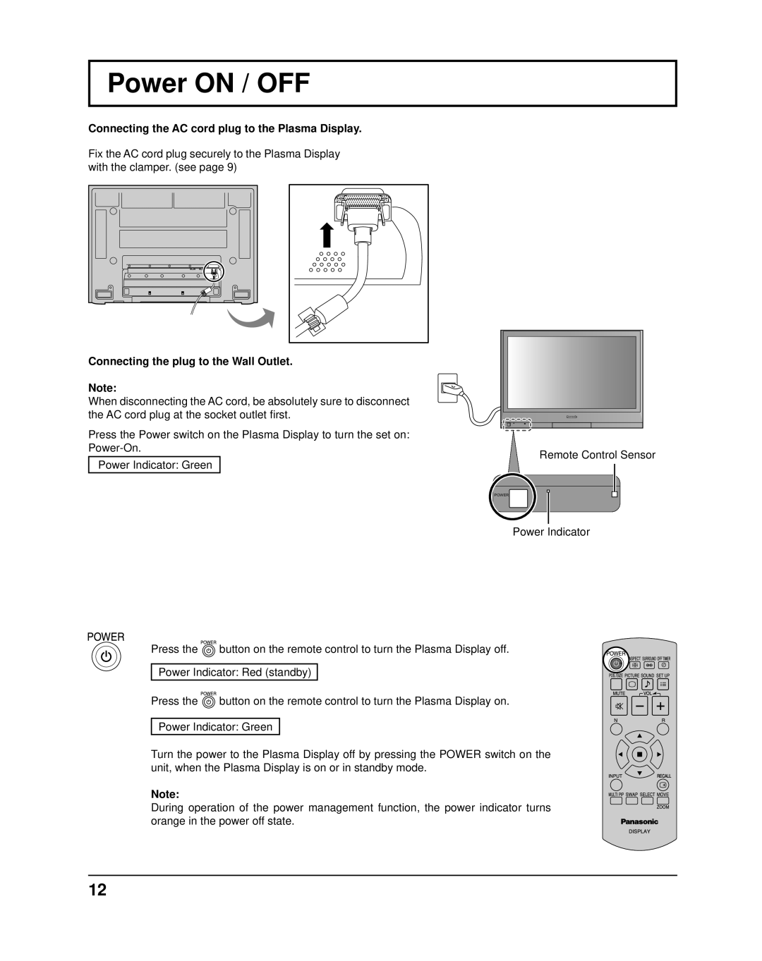 Panasonic TH37PR11UK operating instructions Power on / OFF, Connecting the AC cord plug to the Plasma Display 