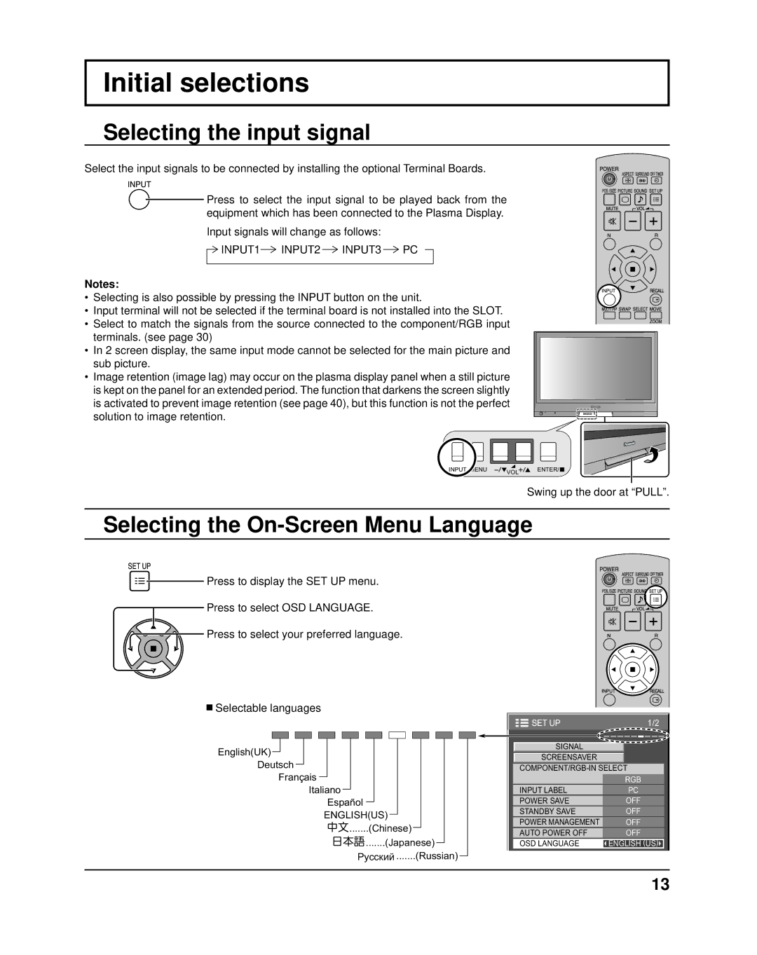 Panasonic TH37PR11UK Initial selections, Selecting the input signal, Selecting the On-Screen Menu Language 