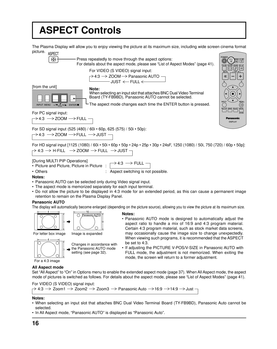 Panasonic TH37PR11UK operating instructions Aspect Controls, Panasonic Auto, All Aspect mode 