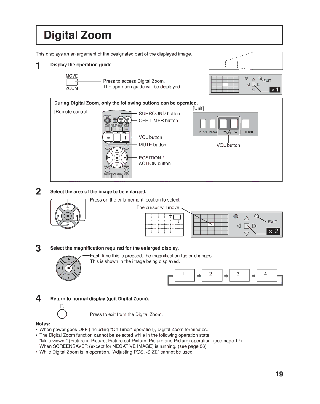 Panasonic TH37PR11UK Display the operation guide, Position, Return to normal display quit Digital Zoom 