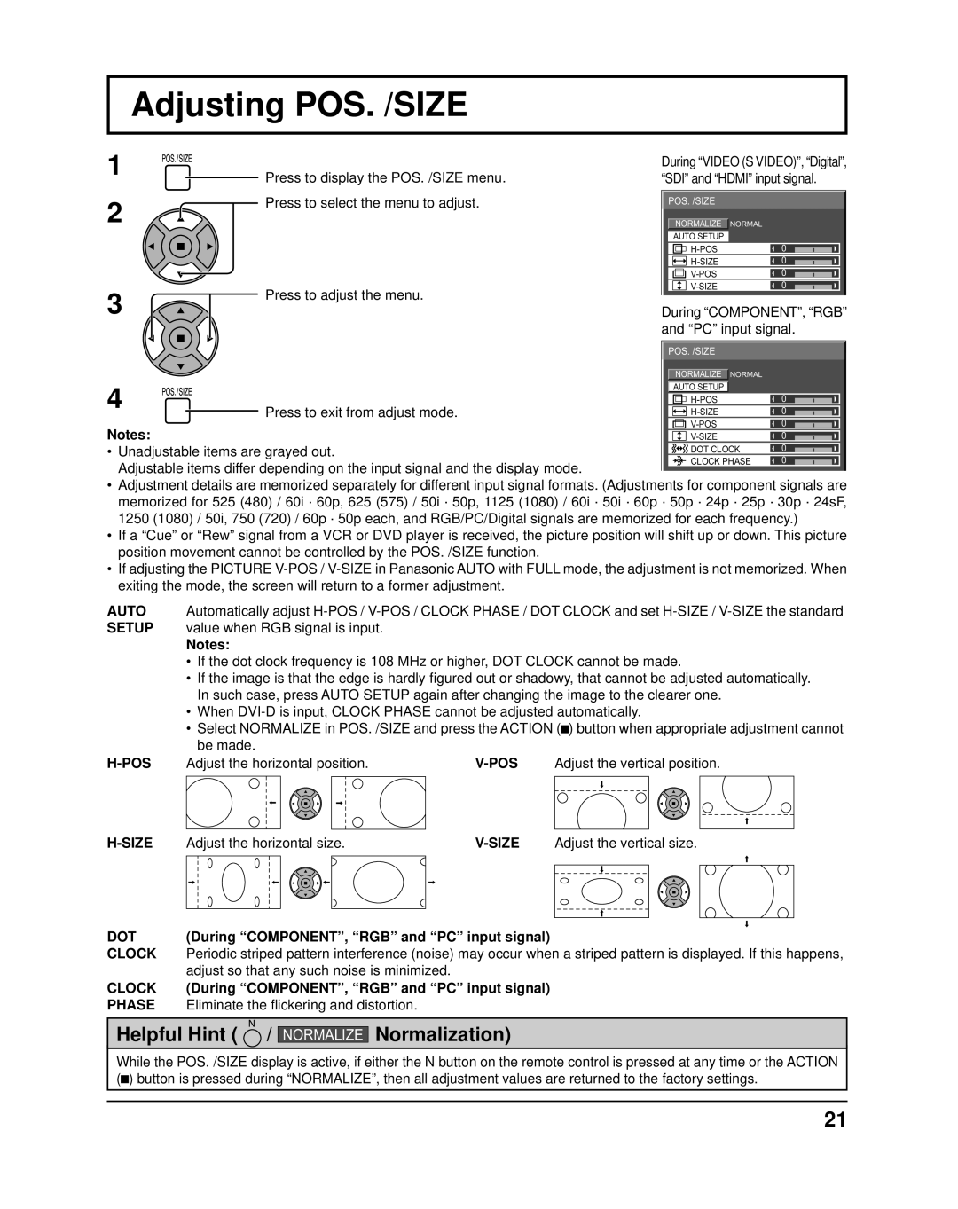 Panasonic TH37PR11UK operating instructions Adjusting POS. /SIZE 