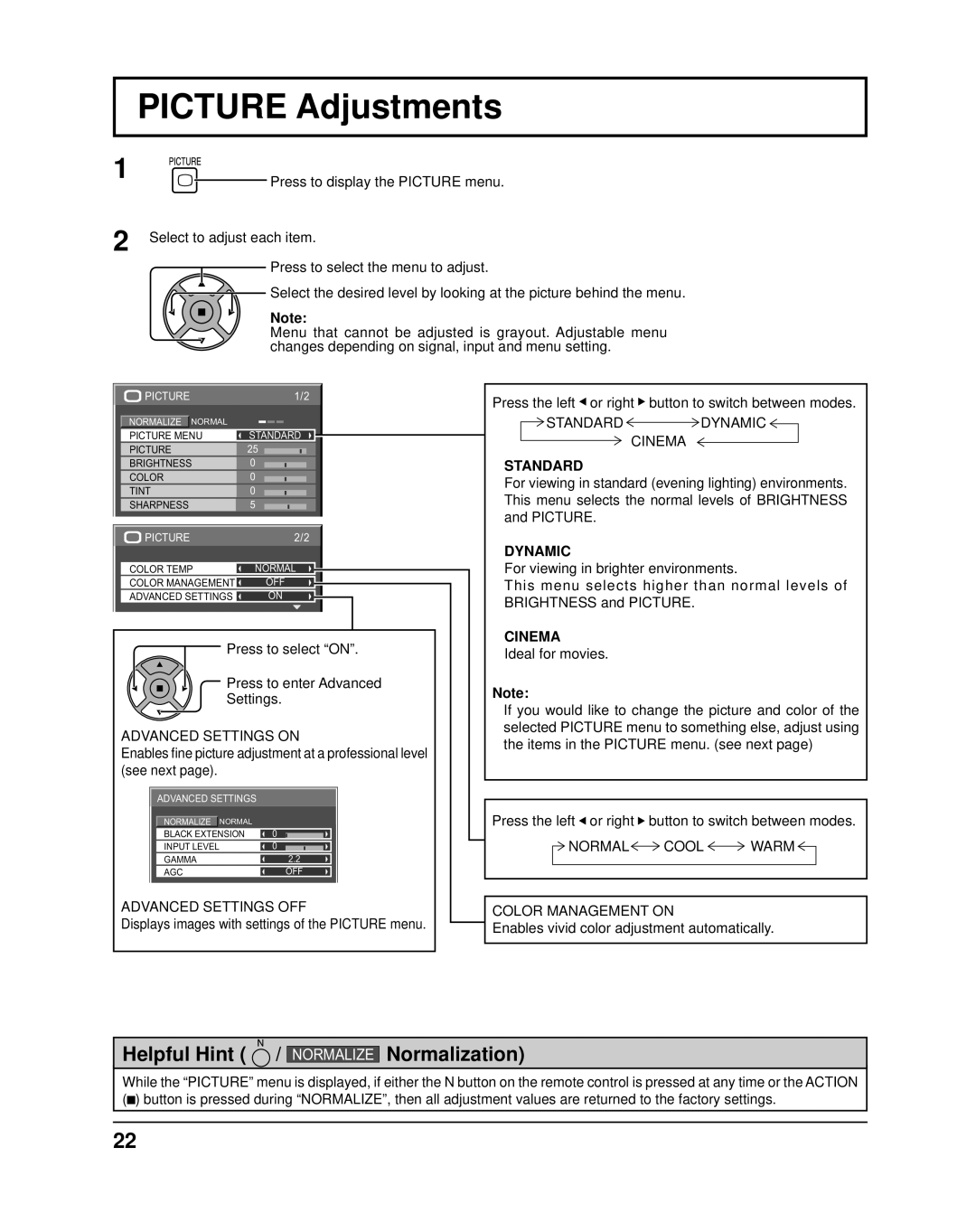 Panasonic TH37PR11UK operating instructions Picture Adjustments, Standard, Dynamic, Cinema 