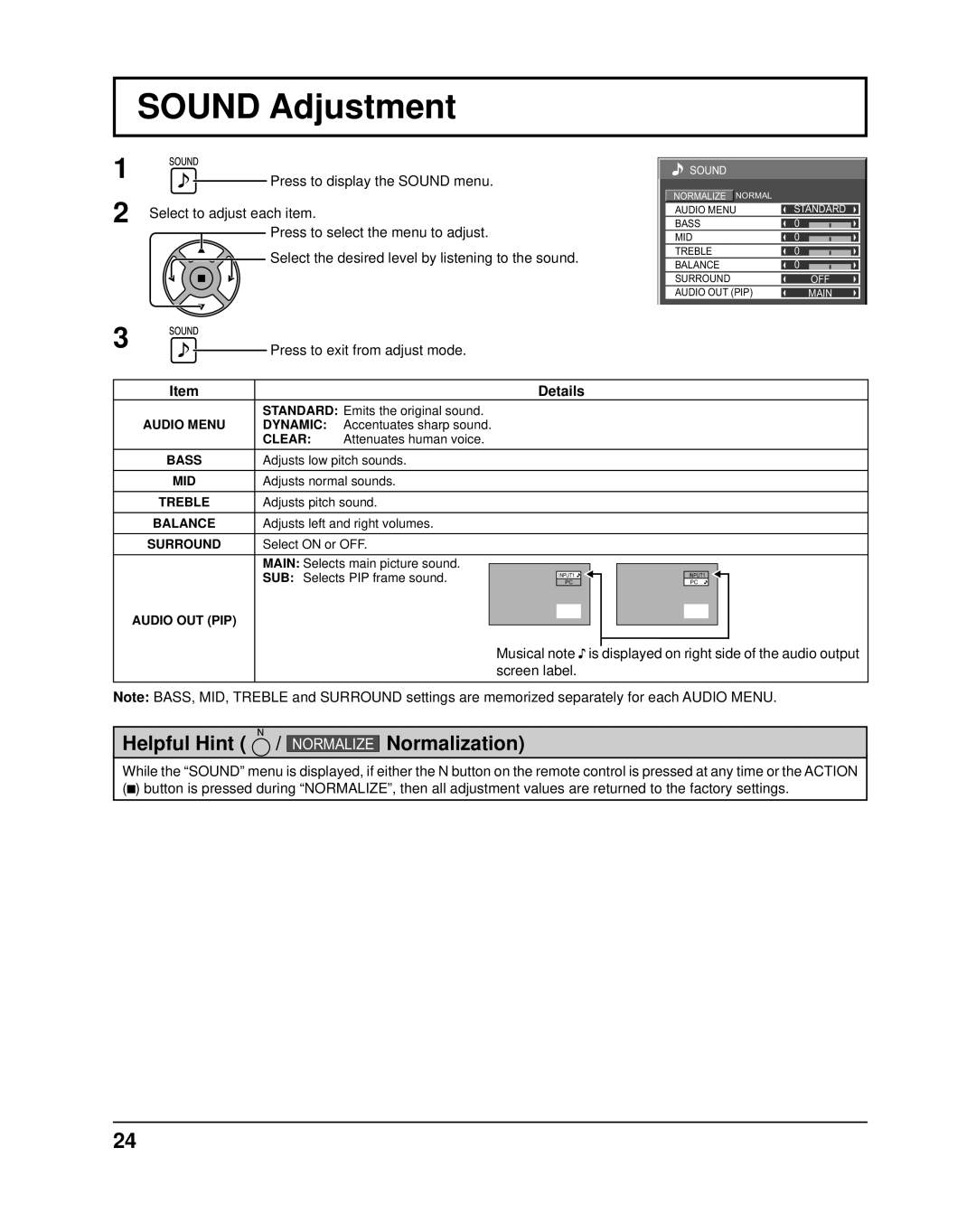 Panasonic TH37PR11UK operating instructions Sound Adjustment, Press to exit from adjust mode 