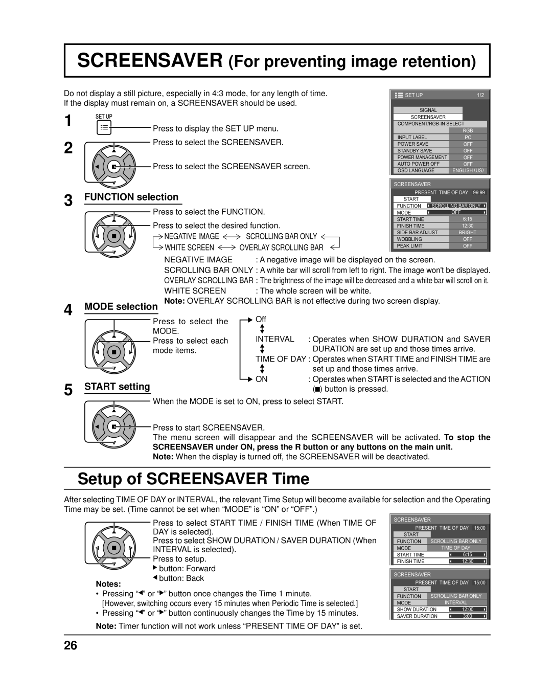 Panasonic TH37PR11UK Screensaver For preventing image retention, Setup of Screensaver Time, Function selection 