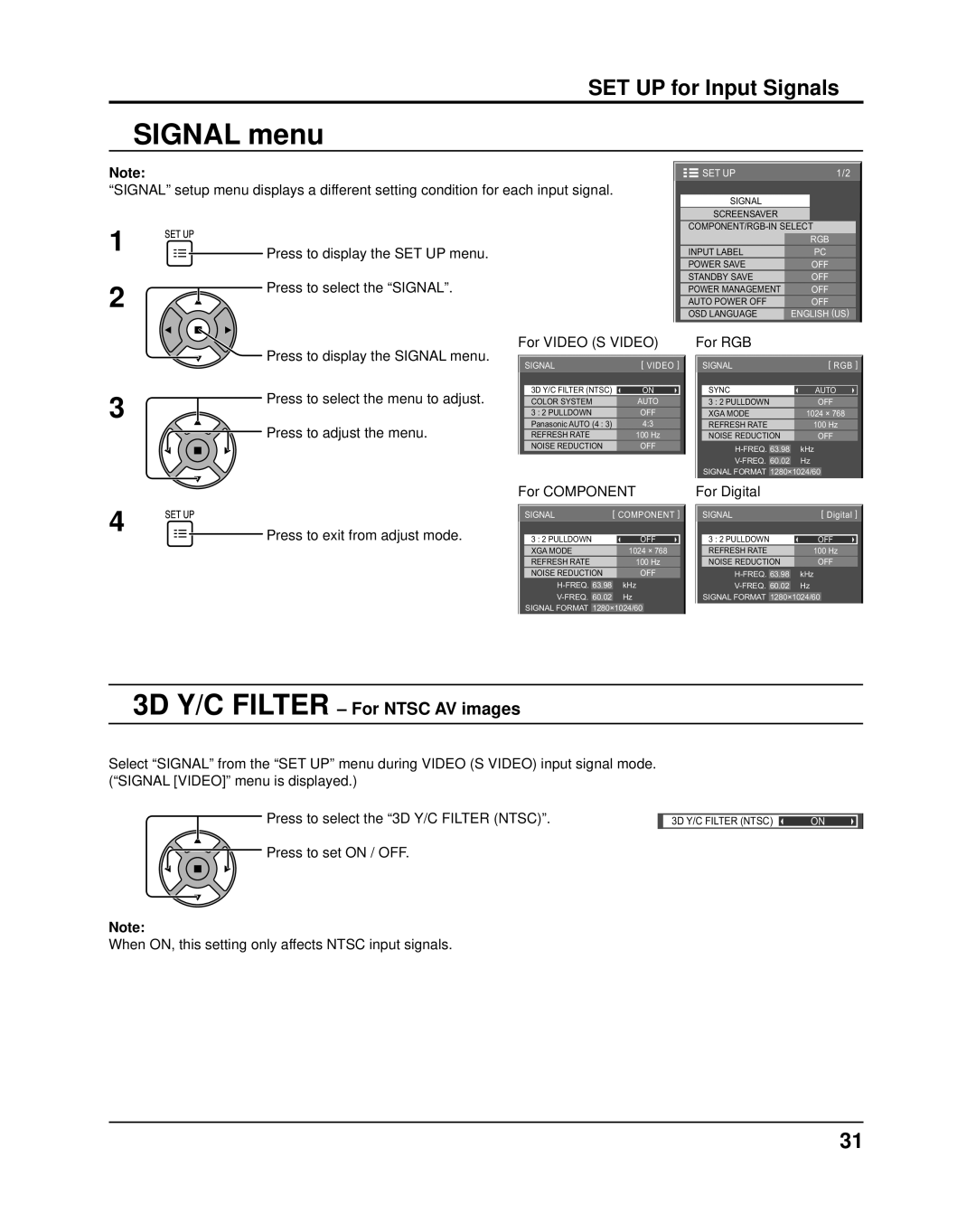 Panasonic TH37PR11UK operating instructions Signal menu, 3D Y/C Filter For Ntsc AV images, For Component, For RGB 