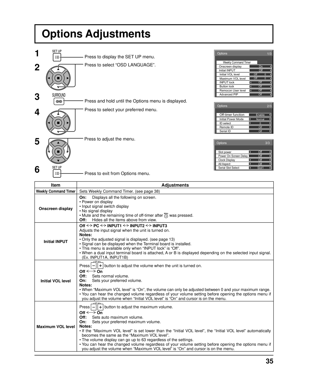 Panasonic TH37PR11UK operating instructions Options Adjustments, Press to adjust the menu Press to exit from Options menu 