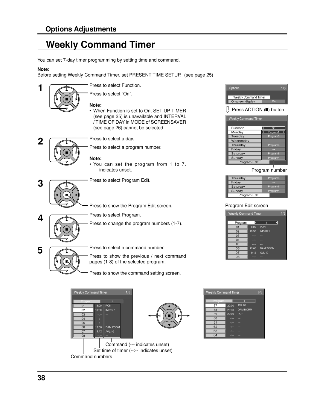 Panasonic TH37PR11UK operating instructions Weekly Command Timer, Press Action button, Program number, Program Edit screen 