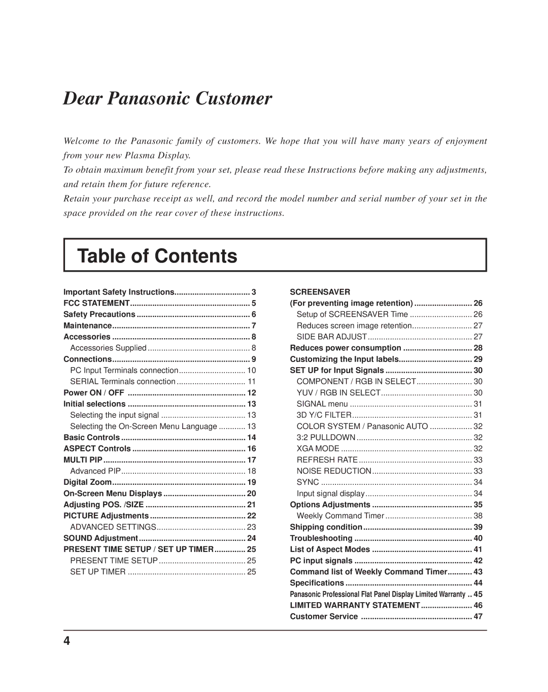 Panasonic TH37PR11UK operating instructions Table of Contents 