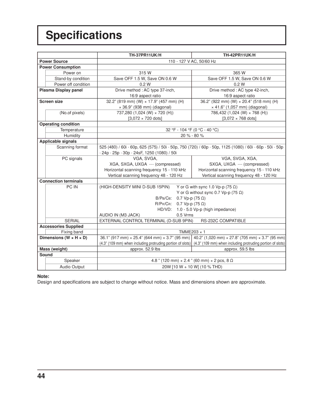 Panasonic TH37PR11UK operating instructions Speciﬁcations, TH-37PR11UK/H TH-42PR11UK/H 