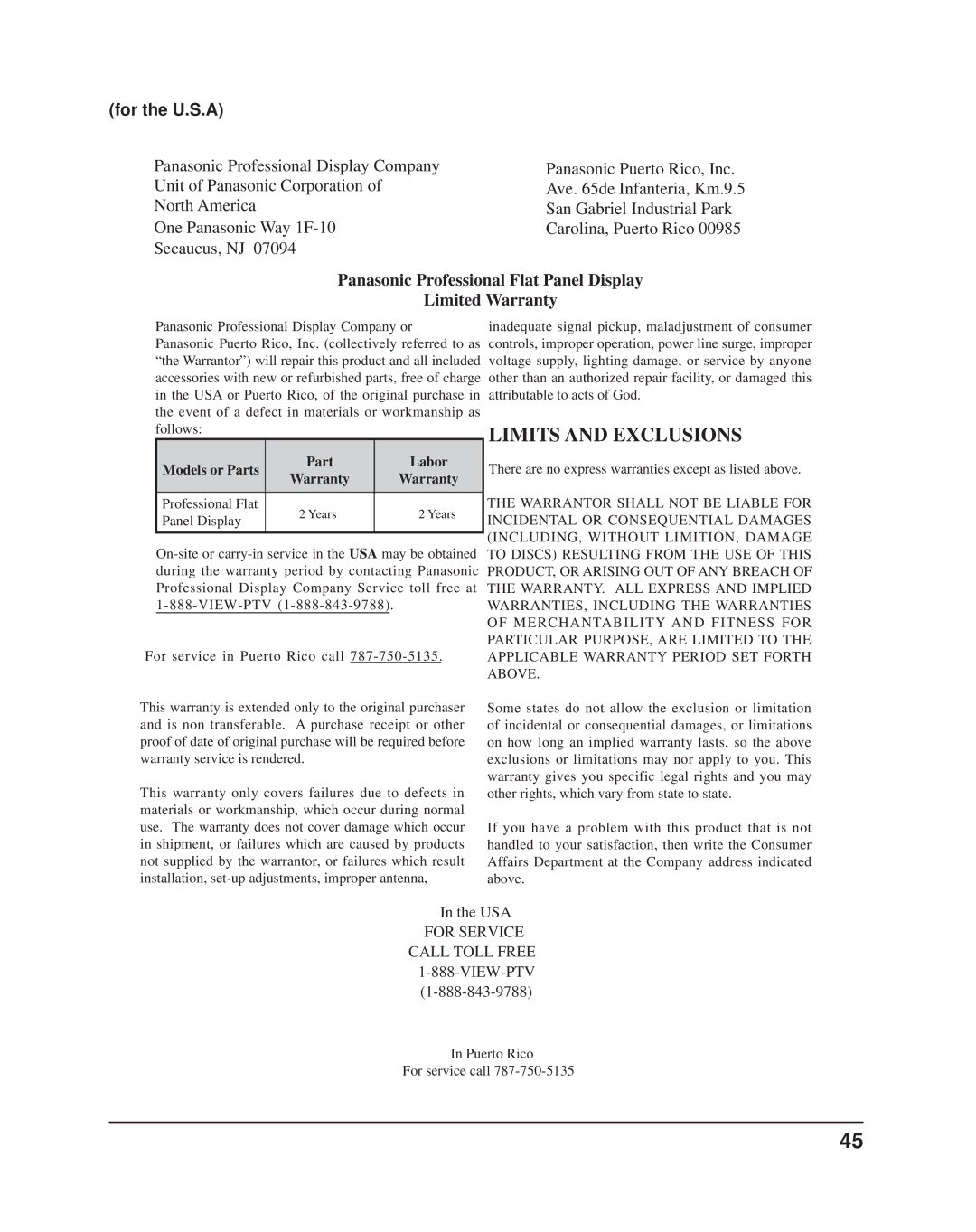 Panasonic TH37PR11UK operating instructions For the U.S.A, Panasonic Professional Flat Panel Display Limited Warranty 