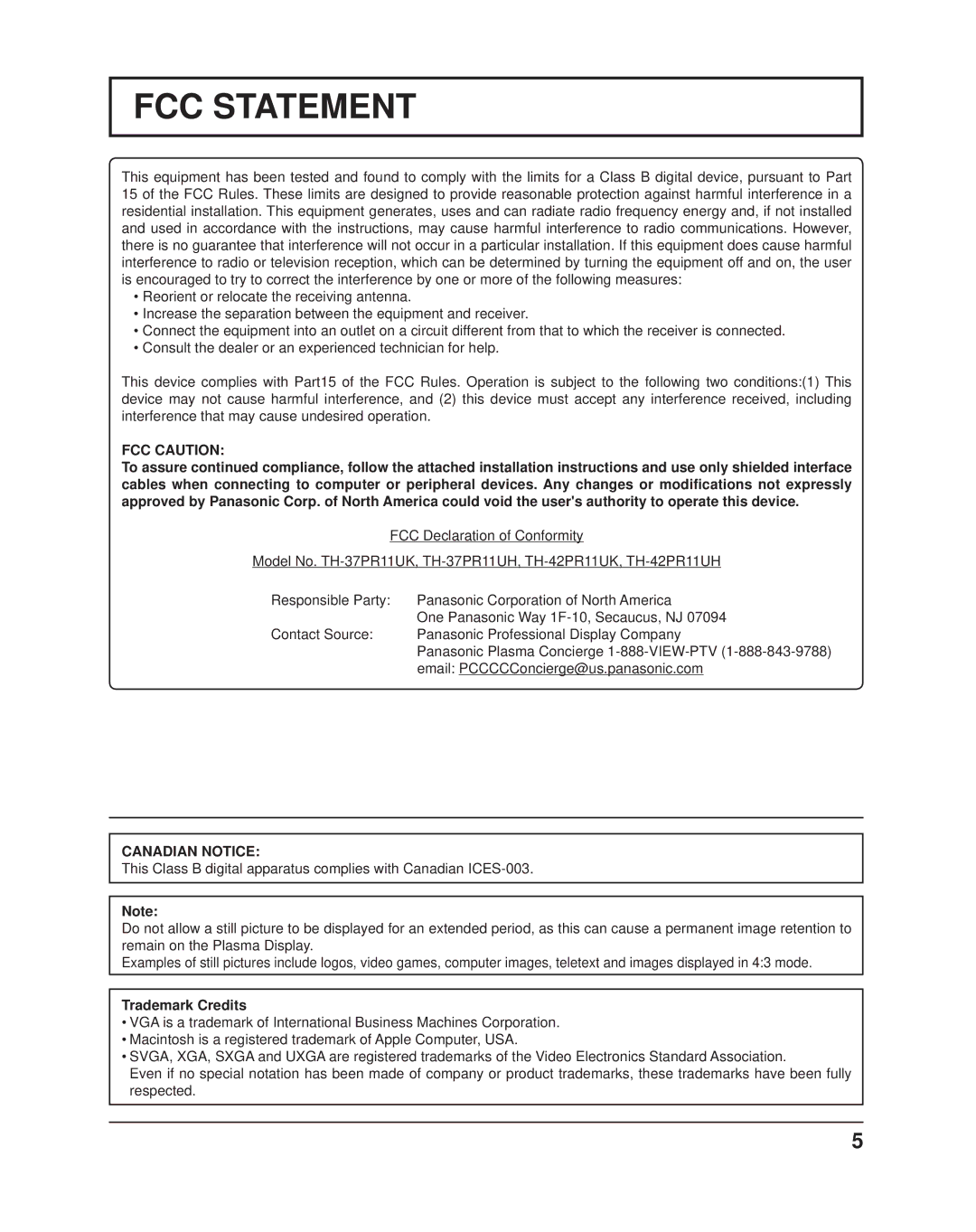 Panasonic TH37PR11UK operating instructions FCC Caution, Canadian Notice, Trademark Credits 