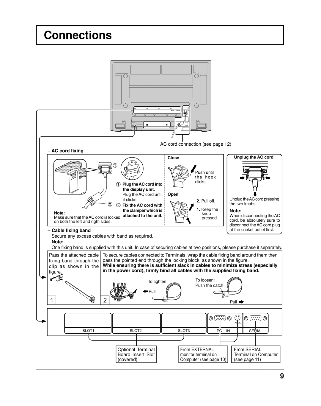 Panasonic TH37PR11UK operating instructions Connections, AC cord ﬁxing, Cable ﬁxing band 