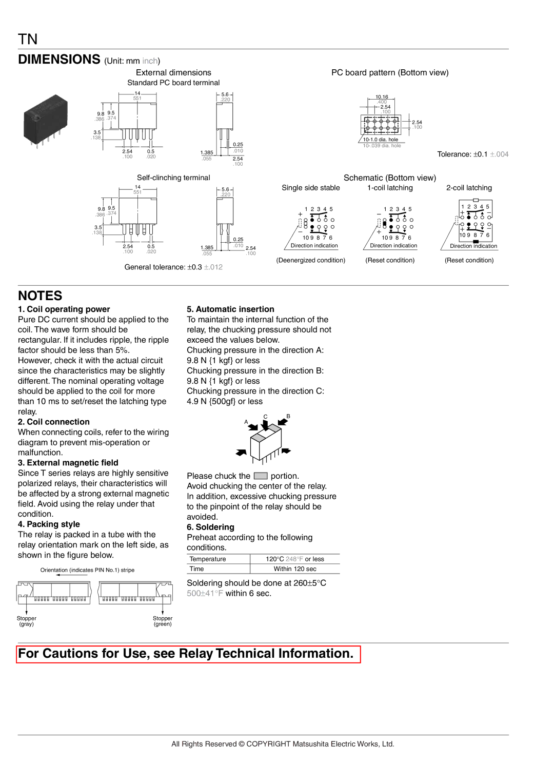 Panasonic TN Relay manual Coil operating power, Coil connection, External magnetic ﬁeld, Packing style, Automatic insertion 