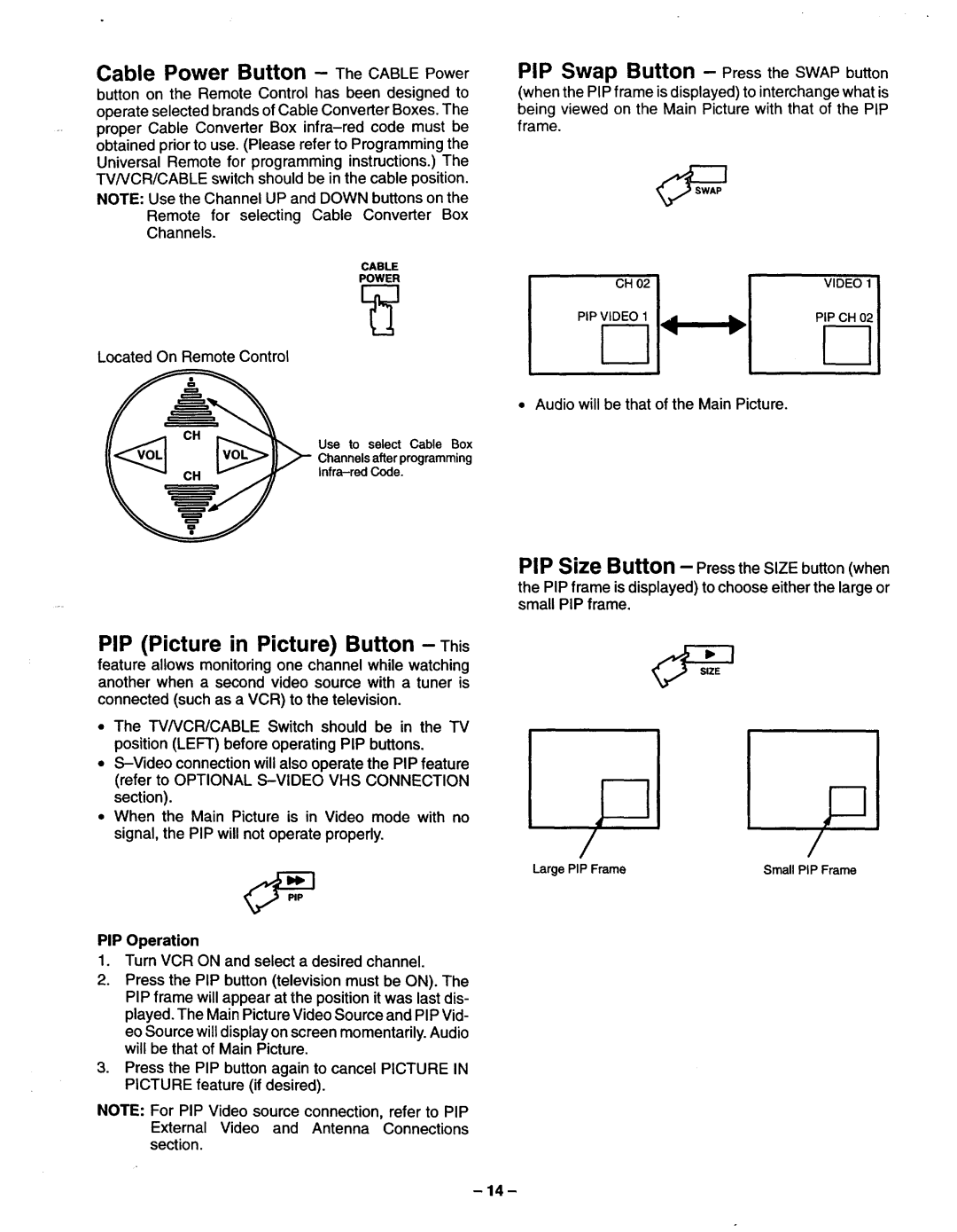 Panasonic TQB2A0952 manual Cable Power Button The Cable Power, Audio will be that of the Main Picture, PIP Operation 