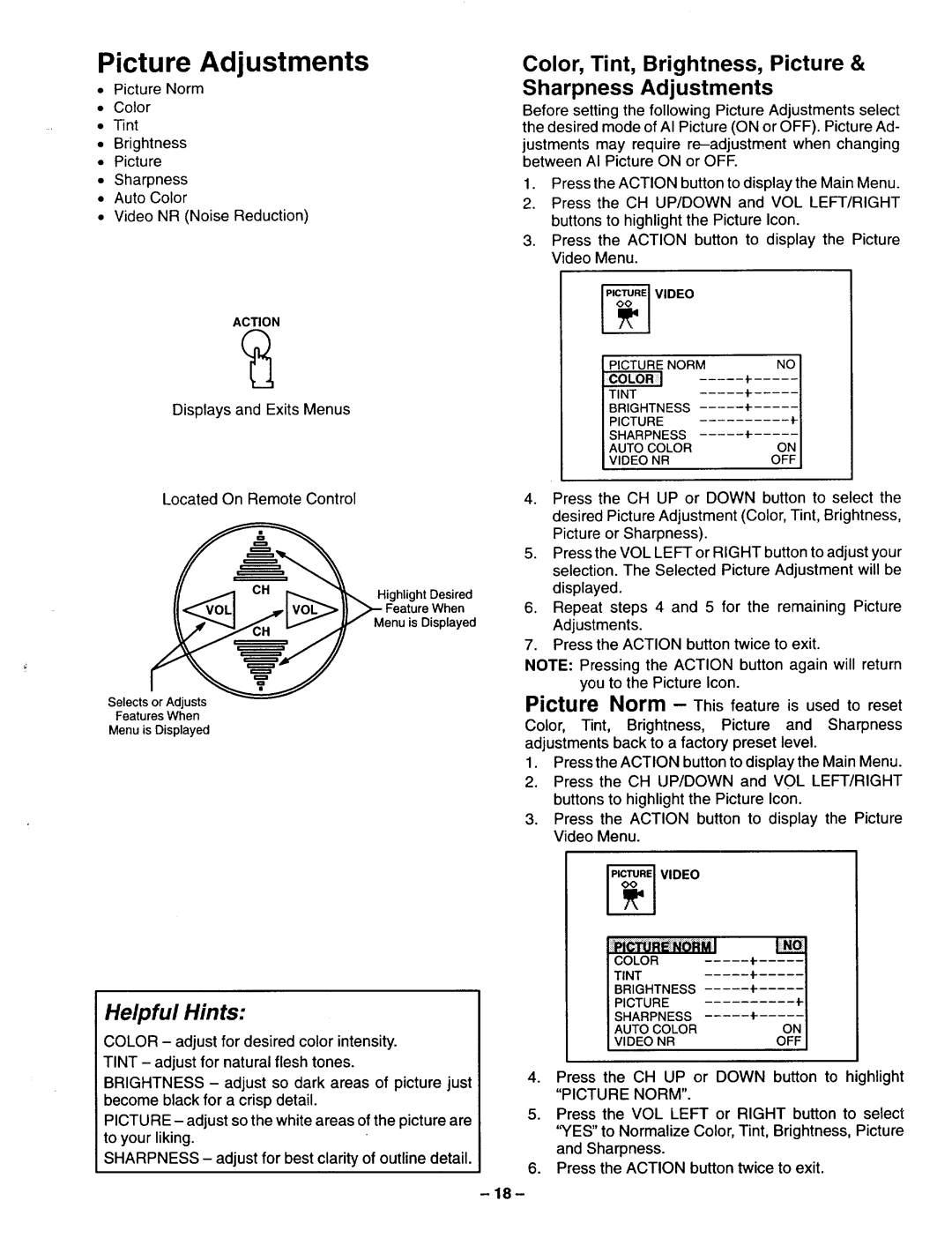 Panasonic TQB2A0952 manual Picture Adjustments, Color, Tint, Brightness, Picture Sharpness Adjustments 