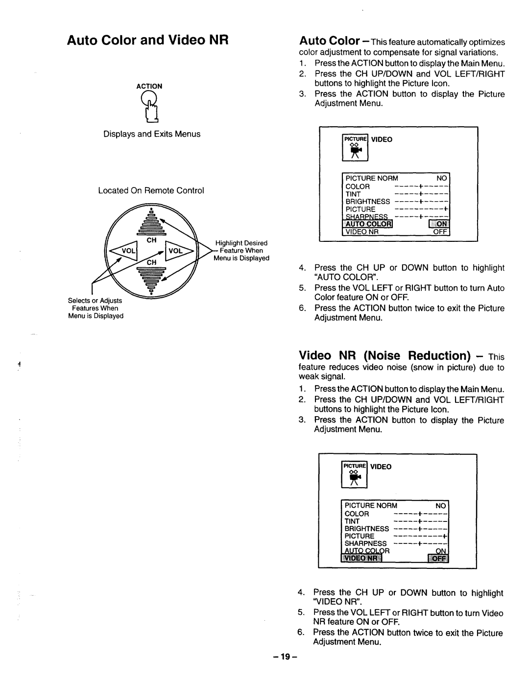 Panasonic TQB2A0952 manual Auto Color and Video NR, Video NR Noise Reduction- This 