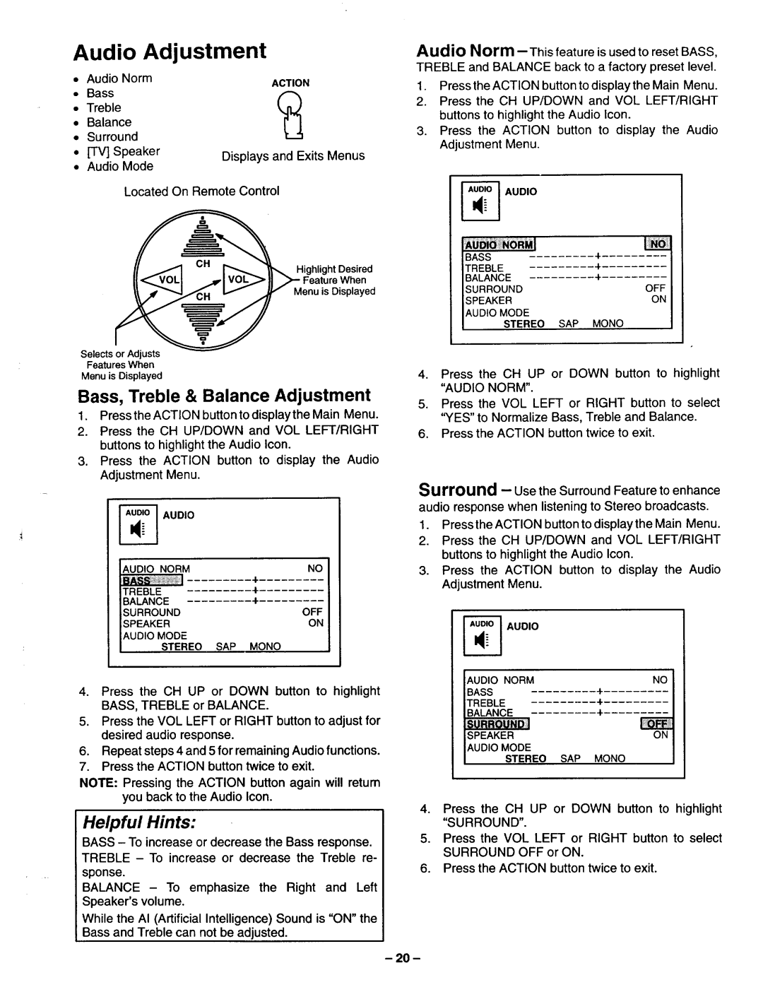 Panasonic TQB2A0952 manual Bass, Treble & Balance Adjustment, Treble Balance Surround 