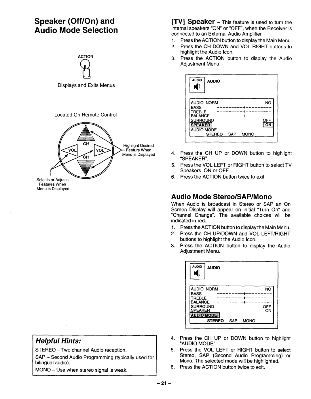 Panasonic TQB2A0952 manual Speaker Off/On Audio Mode Selection, Audio Mode Stereo/SAP/Mono 