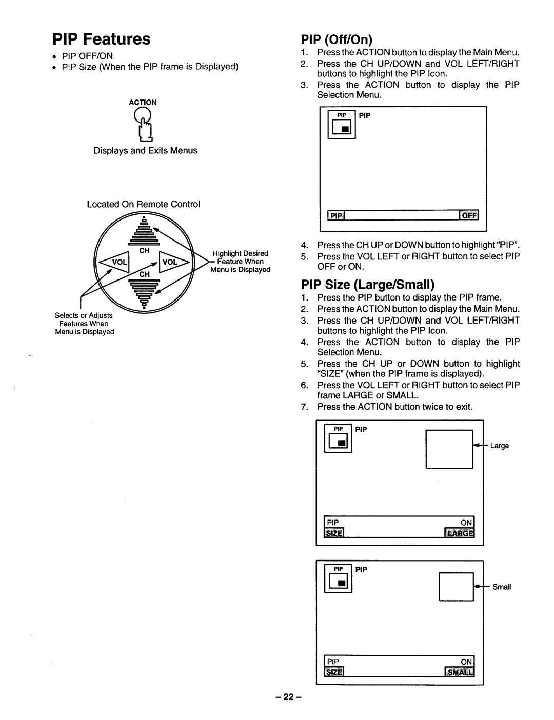 Panasonic TQB2A0952 manual PIP Features, PIP Off/On, PIP Size Large/Small 