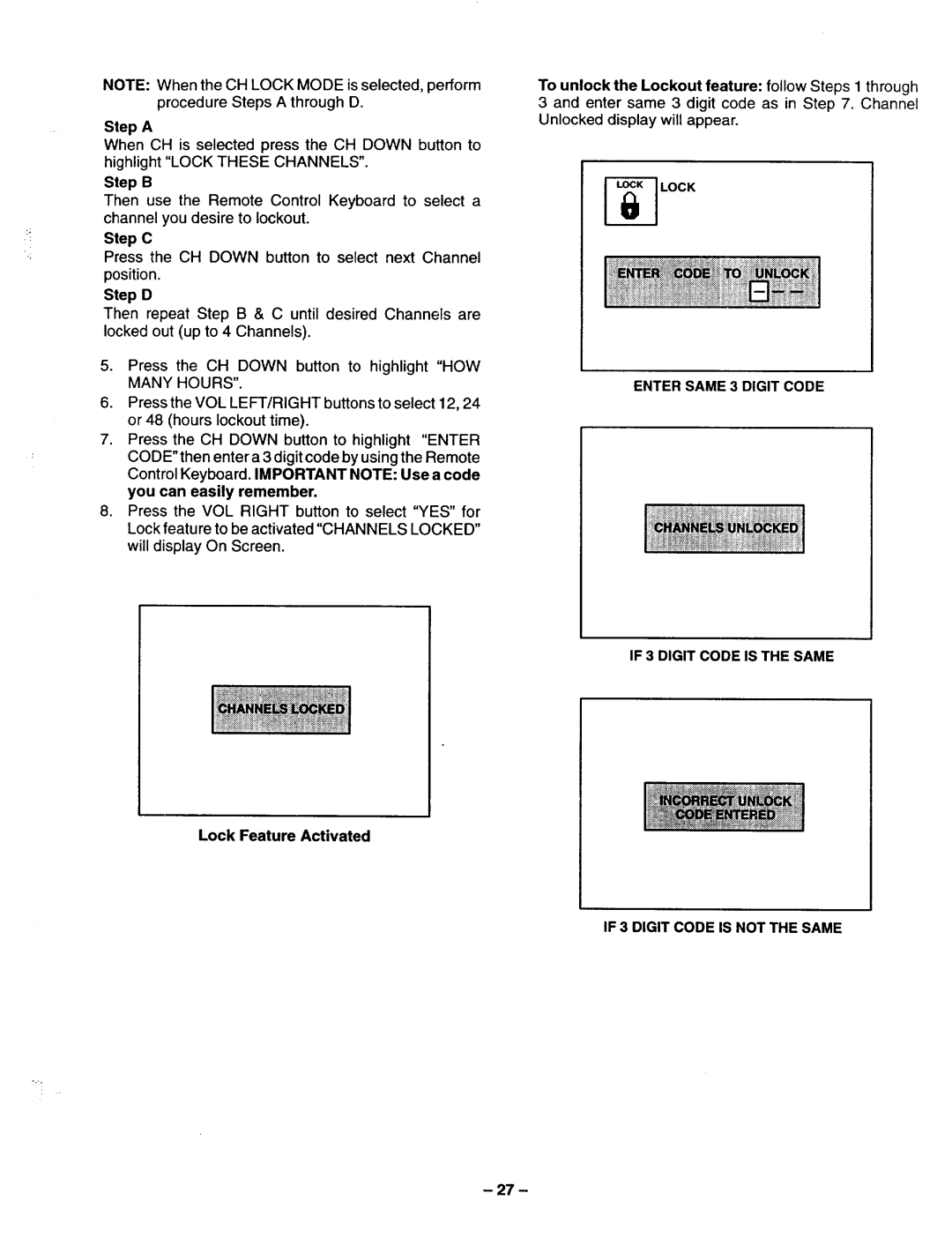 Panasonic TQB2A0952 manual To unlock the Lockout feature follow Steps 1 through, Lock Feature Activated 