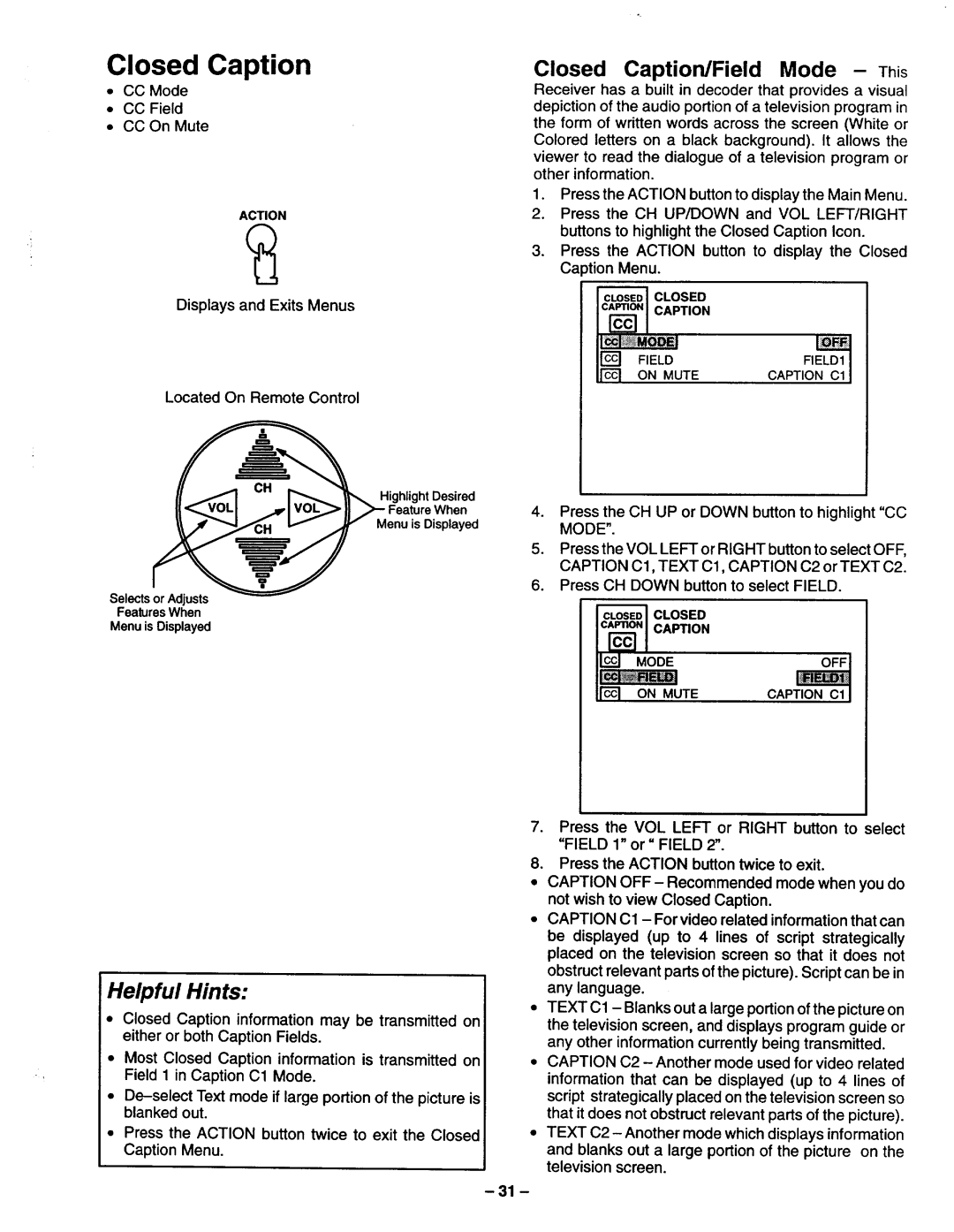 Panasonic TQB2A0952 manual Closed Caption/Field Mode- This, 11-oo7ON Mute, Displays and Exits Menus, IIrMOi 