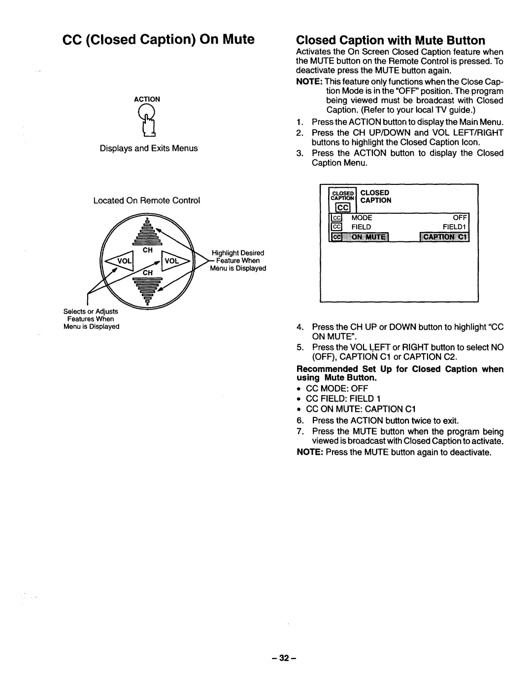 Panasonic TQB2A0952 manual CC Closed Caption On Mute, Recommended Set Up for Closed Caption when using Mute Button 