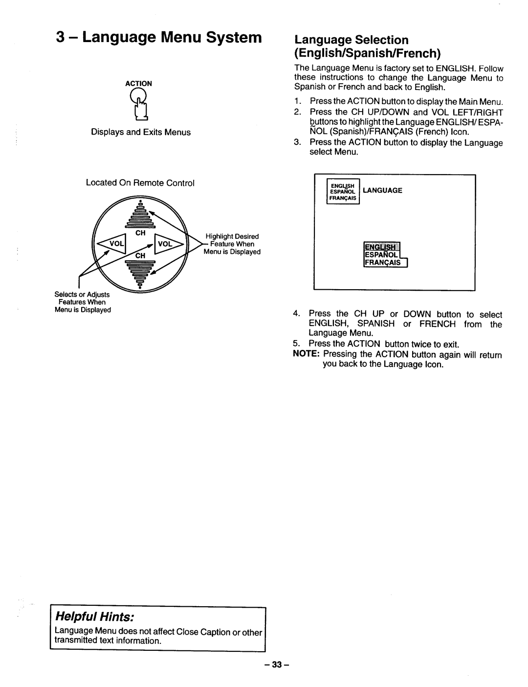 Panasonic TQB2A0952 manual Language Menu System, Language Selection English/Spanish/French, IENiil 