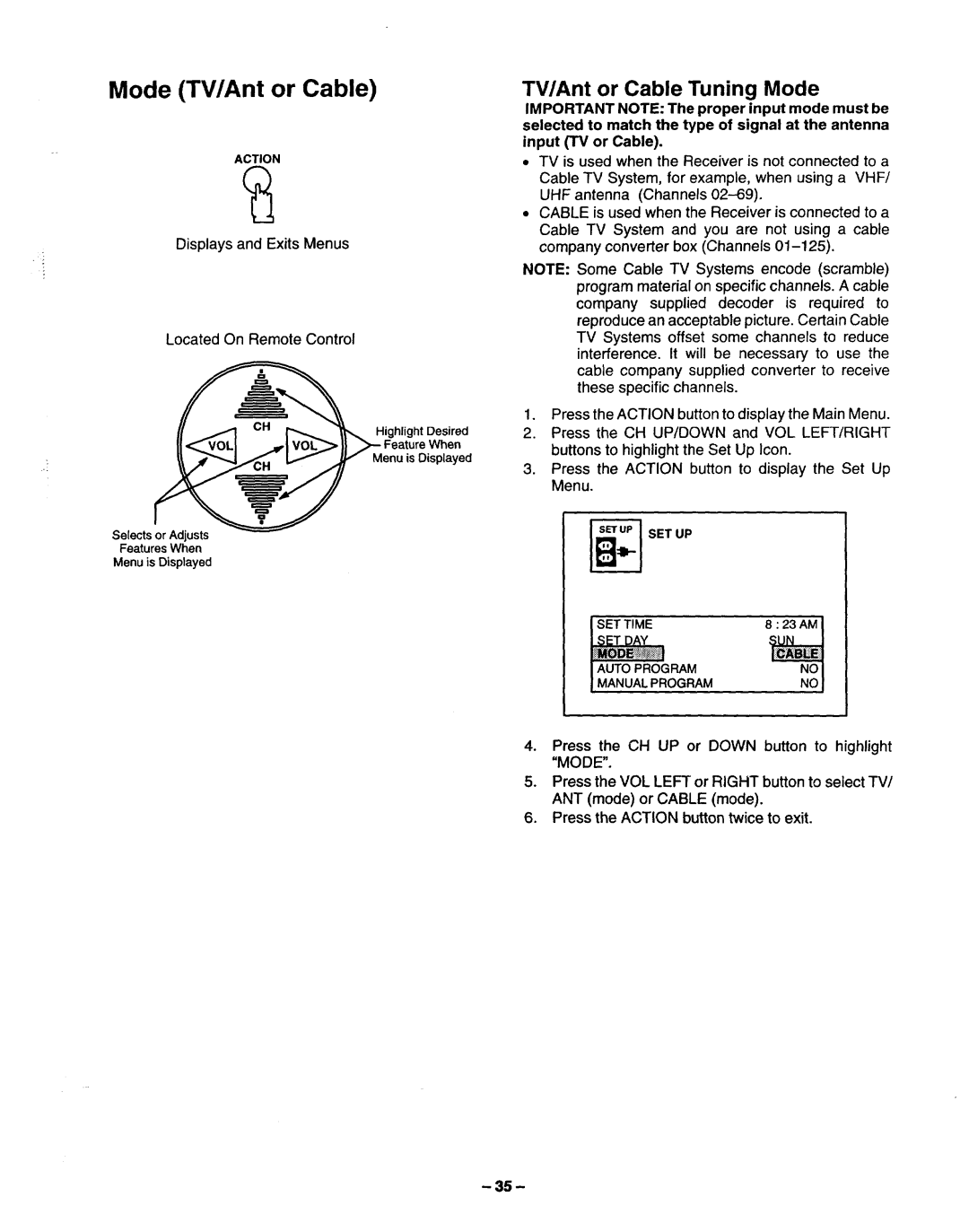 Panasonic TQB2A0952 manual Mode TV/Ant or Cable, TV/Ant or Cable Tuning Mode 