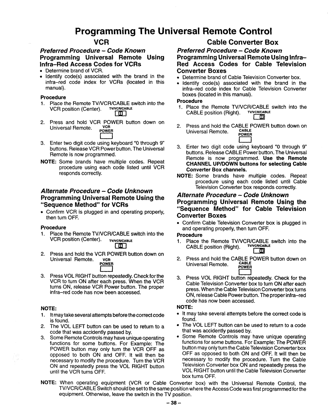 Panasonic TQB2A0952 manual Programming The Universal Remote Control, Sequence Method for Cable Television, Procedure 