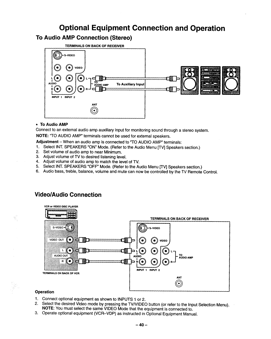 Panasonic TQB2A0952 Optional Equipment Connection and Operation, To Audio AMP Connection Stereo, Video/Audio Connection 