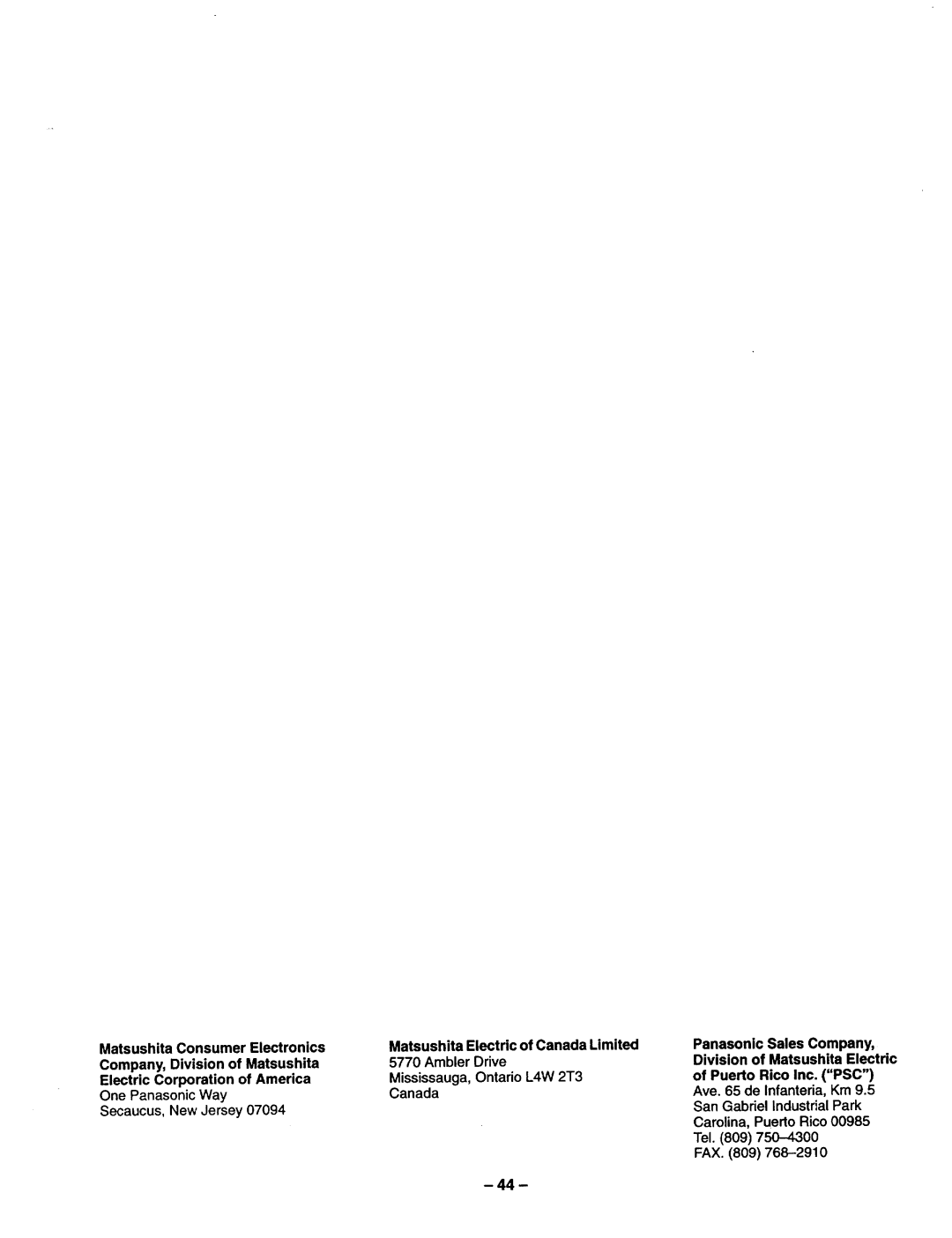 Panasonic TQB2A0952 manual Electronics Matsushita Electric of Canada Limited Company 