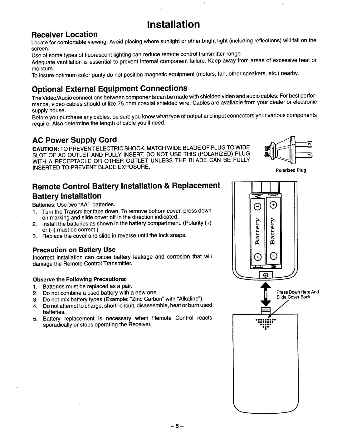 Panasonic TQB2A0952 manual Installation, Receiver Location, Optional External Equipment Connections, AC Power Supply Cord 