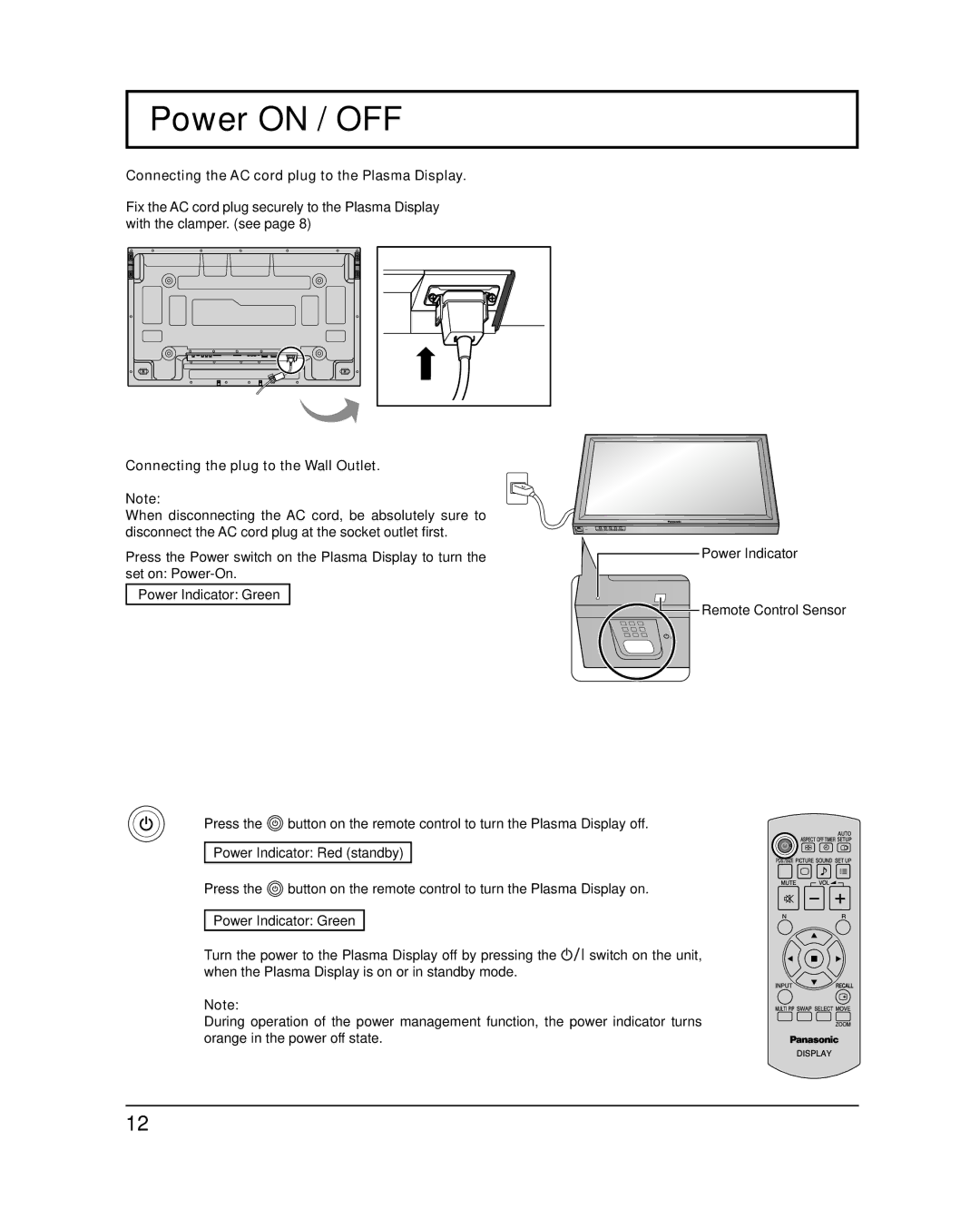 Panasonic TQB2AA0547 important safety instructions Power on / OFF, Connecting the AC cord plug to the Plasma Display 