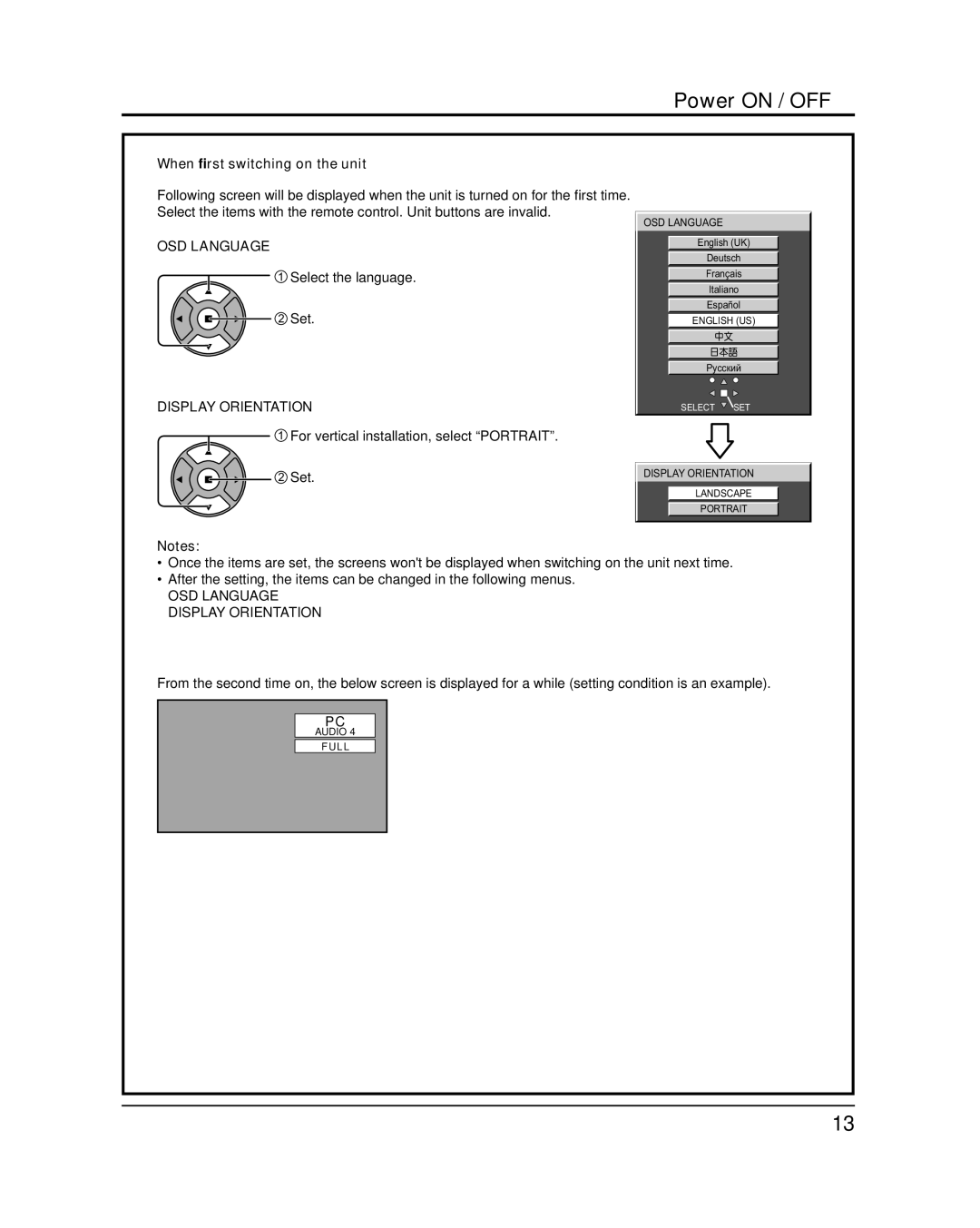 Panasonic TQB2AA0547 important safety instructions When ﬁrst switching on the unit, OSD Language Display Orientation 