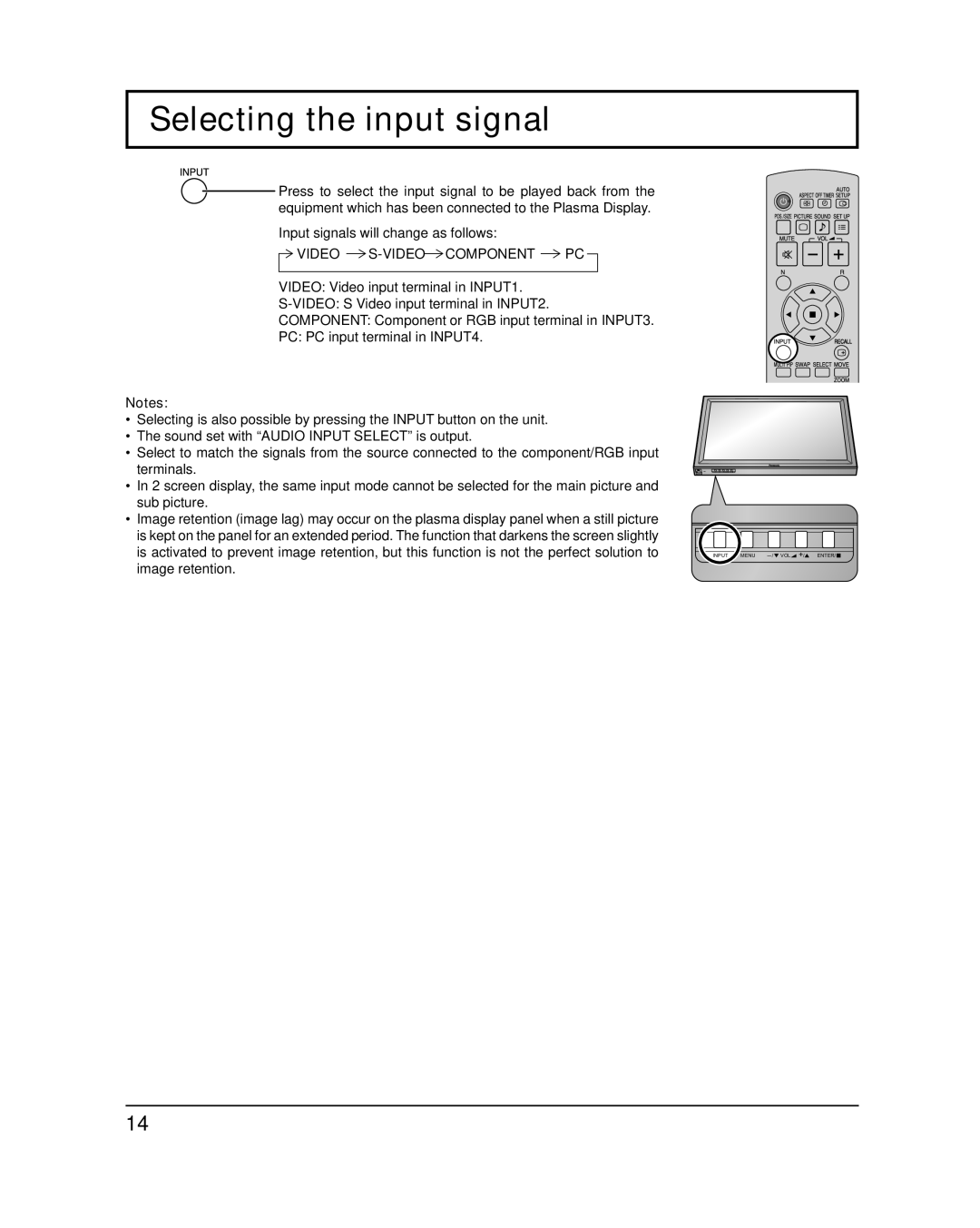 Panasonic TQB2AA0547 important safety instructions Selecting the input signal, Video S-VIDEO Component PC 