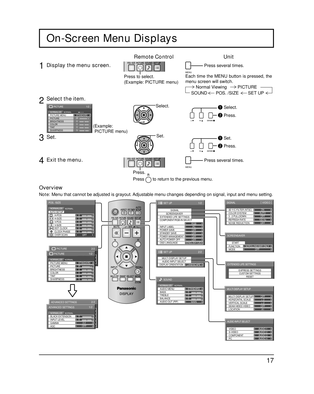 Panasonic TQB2AA0547 important safety instructions On-Screen Menu Displays 