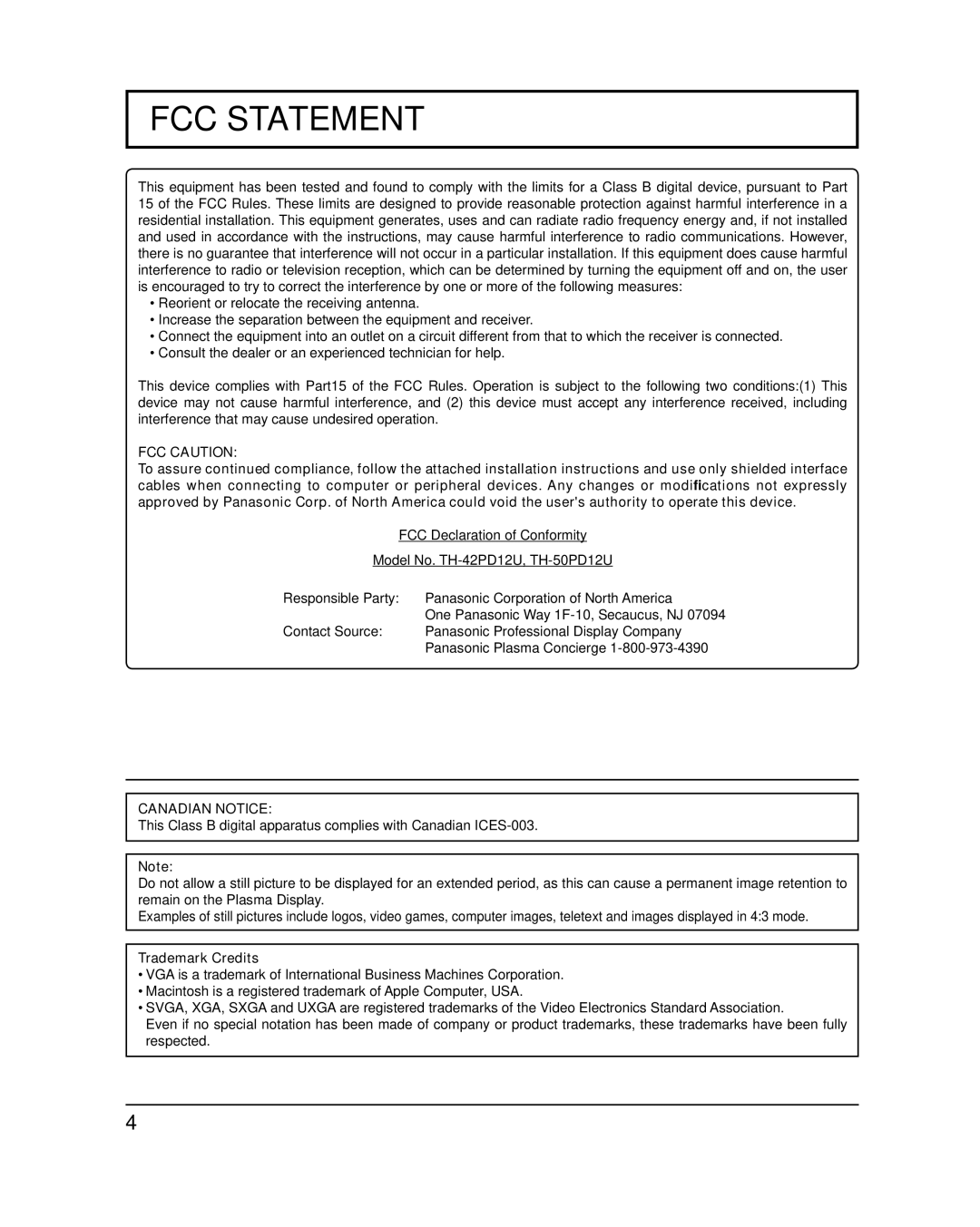 Panasonic TQB2AA0547 important safety instructions FCC Statement, Trademark Credits 