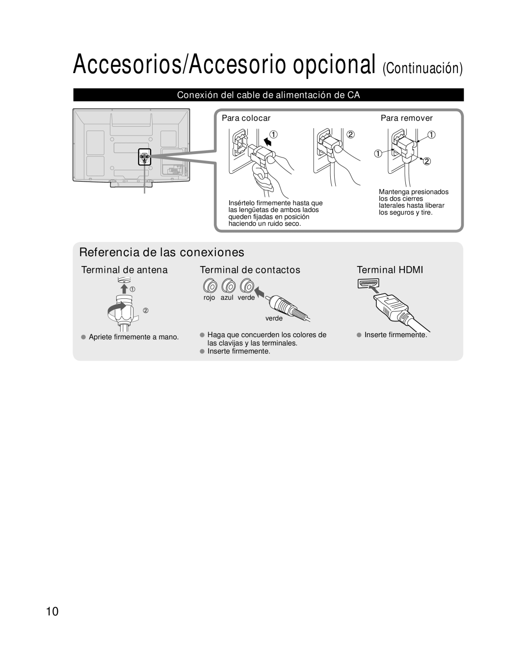 Panasonic TQB2AA0570 Conexión del cable de alimentación de CA, Para colocar, Para remover, Apriete firmemente a mano 