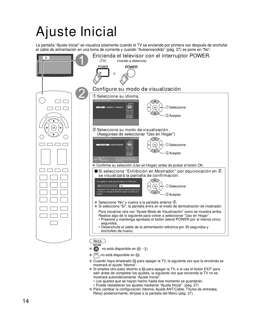 Panasonic TQB2AA0570 Ajuste Inicial, Encienda el televisor con el interruptor Power, Configure su modo de visualización 