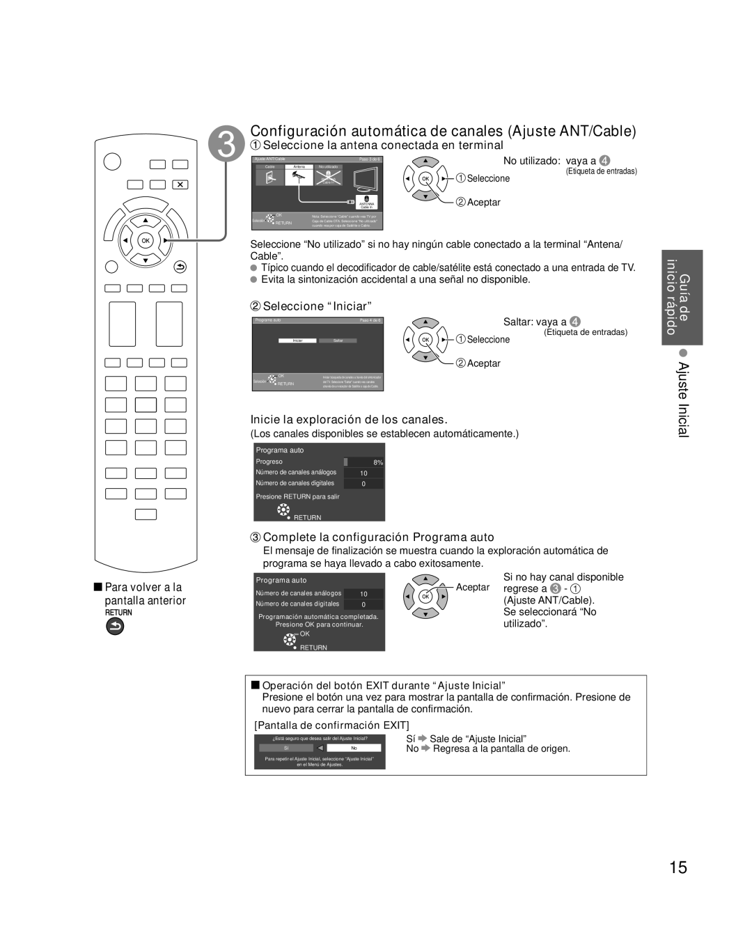 Panasonic TQB2AA0570 quick start Configuración automática de canales Ajuste ANT/Cable, Inicial 